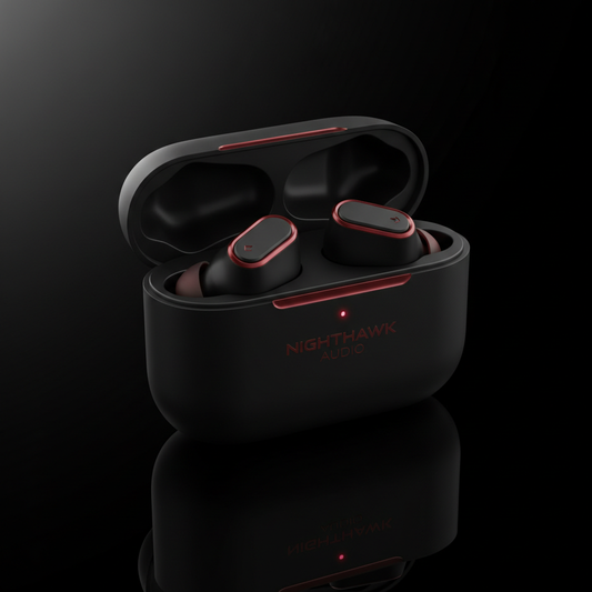 Noir Elite Wireless Earbuds in matte black with crimson accents
